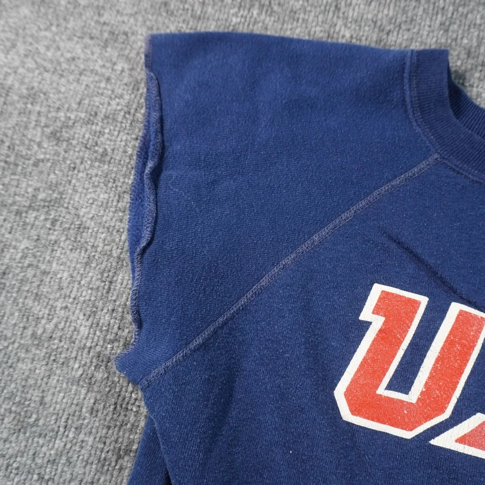 Champion Sweatshirt Mens Medium Blue USA Graphic Cut Off Muscle Retro 70s 80s